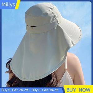 Millys หมวกทรงถังพร้อมผ้าคลุมไหล่น้ำหนักเบาระบายอากาศได้ดี หมวกกันแดดหมวกชายหาดดีไซน์สำหรับฤดูร้อน