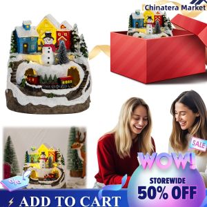 Resin Garden Ornament with Musical Lights Christmas Village Figurines for Seasonal Decor