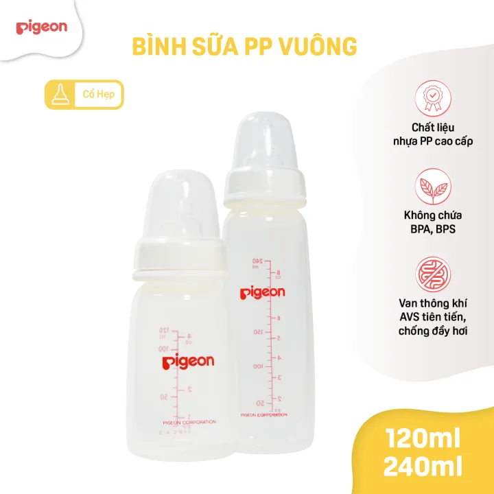 Bình sữa cho bé Pigeon cổ hẹp nhựa PP cao cấp 120ml (S) núm ti siêu mềm chống sặc chống đầy hơi cho trẻ sơ sinh chính hãng