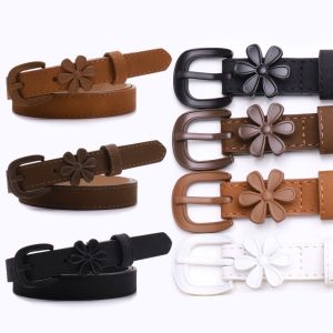 ZYJC Faux PU Leather Womens Thin Belt Solid Color Flower Buckle Waist Cinching Belt Female Belt Small Size Pin Buckle Belt Skirt Matching