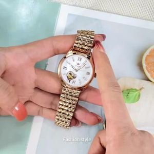 FCOLEVS Ladies Watch Automatic Mechanical Movement Waterproof Luminous Stainless Steel Strap Diamond Set Hollow Dial Casual Elegant Cute