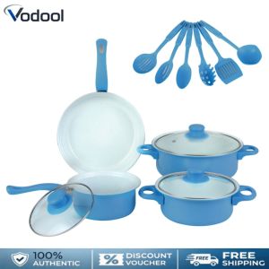12Pcs Non Stick Cookware Set Deep Frying Pan with Lid Milk Pot Maifan Stone Frying Pan Stackable Pot Set for All Hob