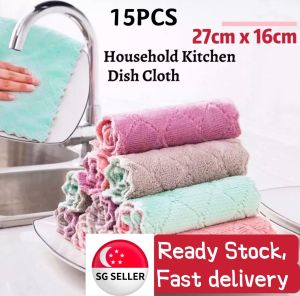 [LOCAL SELLER] 15Pcs Household Kitchen Towels Absorbent Thicker Double-layer Microfiber Wipe Table Kitchen Towel Cleaning Dish Washing Cloth Polyester Kitchen Dish Wash Cloth Oil-free Washing Rug Super Absorption Cleaning Towel