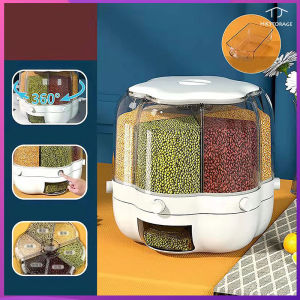 HKStorage 6-Grid Rotating Grid Grain Rice Dispenser Sealed Cereal Separate Bucket Dry Food Container Round Rice Storage Tank Storage Box