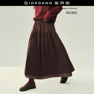 GIORDANO Women Skirts Contrast Plaid Hem Retro Maxi Skirts Elastic Waist Fashionable Casual Long Skirts 18466321