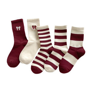 Burgundy Mid Stripe Color Clash Stockings Womens Bow Socks Womens Color Clash Stripe Stockings