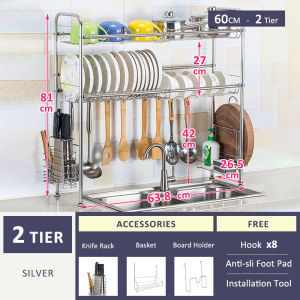 GSlife Stainless Steel Sink Shelf Rack 2 layer 60/80/90/100/120cm Kitchen Dish Drain Rack Organizer Storage Rack With Utensil Holder Hooks