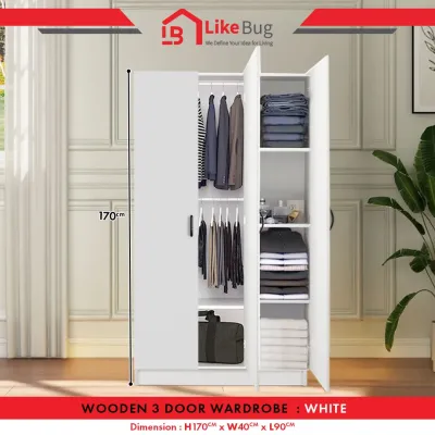 ⚡️LIKE BUG⚡️3 Door Wooden Wardrobe | 2 Door Wooden Wardrobe | Wooden Cabinet | Cupboard | Almari Baju 3 Pintu | Almari Baju 2 Pintu| Kabinet Baju | Rak Baju- 2ft or 3ft