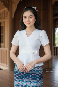 เสื้อผ้าไหมลาว ชายระบาย คอวี แขนกลีบบัว งานเข้ารูปเข้าทรง ใส่งานบวช งานบุญ ใส่ทำงาน ใส่ได้ทุกโอกาส