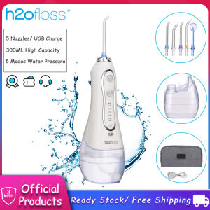 H2ofloss Portable Oral Dental Irrigator Cordless Water Flosser Waterproof Teeth Cleaner with 5 Modes 5 Jets Tips and 300ml Detachable Reservoir Rechargeable Dental Flosser for Brace Bridges Care Home Travel