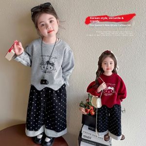 TUmama ชุดเสื้อสเวตเตอร์ฤดูใบไม้ร่วงฤดูใบไม้ผลิสำหรับเด็กสาว2ชิ้นลายการ์ตูนน่ารักชุดอินเทรนด์สำหรับเด็กกางเกงขาม้าลายจุด