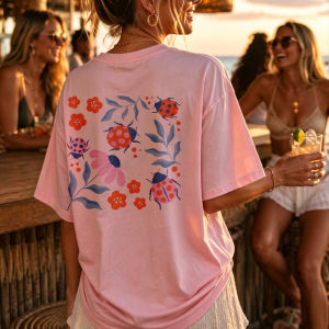 [Local Stock] HBESTY  Short Sleeve Ladybugs Flowers Leaves Crew Neck Fit Casual Tee Summer Women Top Graphic T Shirts Women Clothing Aesthetic Y2k Top