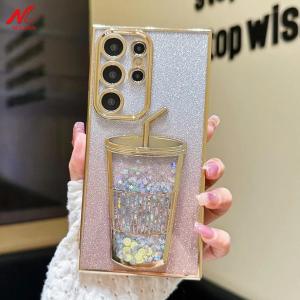 Gradient Glitter Case for Samsung S24 Ultra Luxury Quicksand Case for Samsung Galaxy S23 S22 Ultra Cute Straw Cup S24Ultra Cover