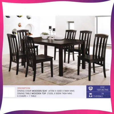 Fully Solid Wood 1 Dining Table +6 Dining Chair Set (Walnut Colour) Pre Order 1 Week