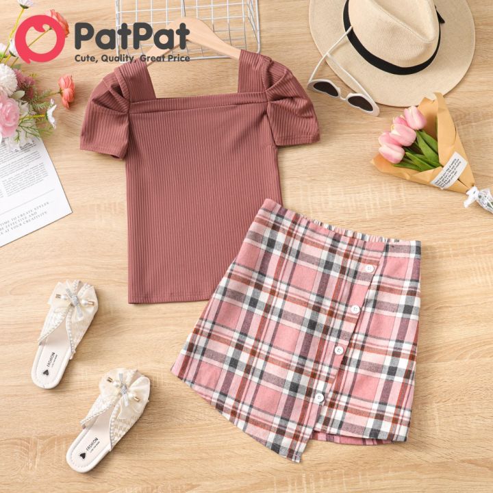 PatPat Girl Set 2pcs Kid Girl Ruched Square Neck Top and Asymmetrical