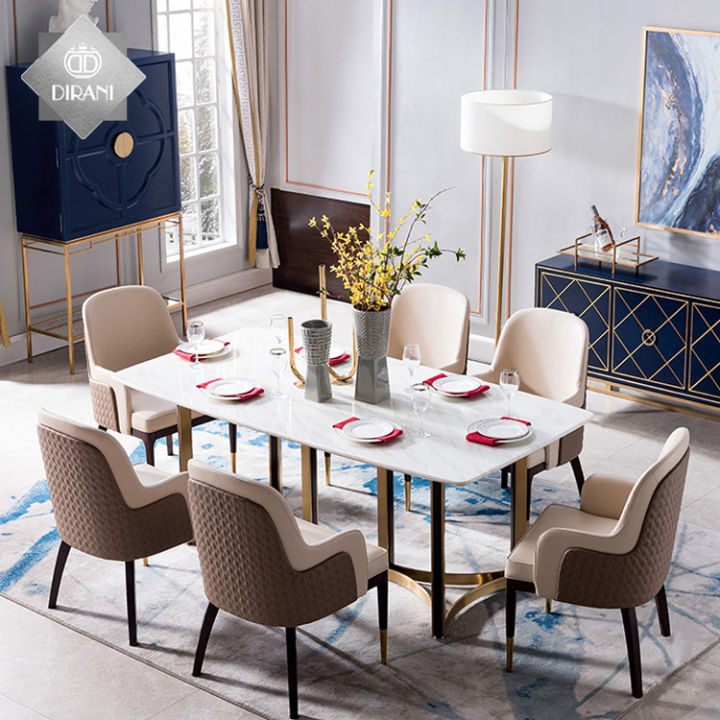 Vision Rectangle Diningroomsets Gold Stainless Steel Dining Table and 6 ...