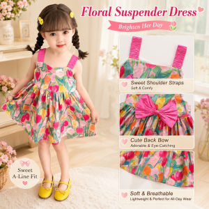 AILEBE Kids Dresses For Girls Flower Print Sleeveless A-Line Suspender Dress Cotton Soft Breathable Korean Style Cute OOTD Pambahay Pang Gala Four Seasons All-purpose