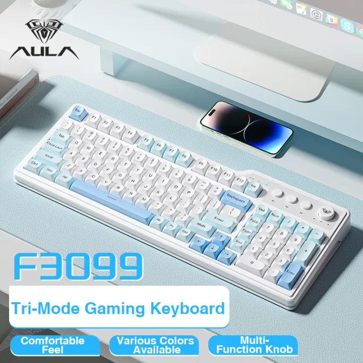 AULA F3099 Membrane Wireless Cream Touch Gaming Keyboard Supports Bluetooth+2.4G Wireless+Tyce-C Wired Tri-Mode Connection Typing Mute Suitable for Office and