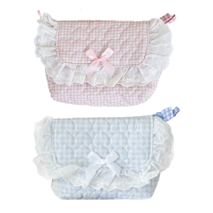 Cotton Lace Trim Pencil Case Crossbody Shoulder Bag with Detachable Shoulder Strap Makeup Organiser for Student Women