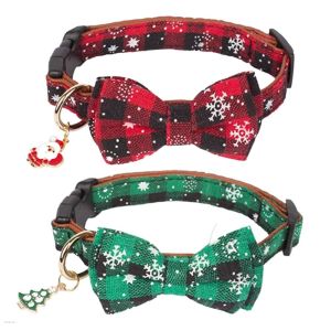 OUTOPEN 2Pcs/Set Snowflake Pattern Christmas Dog Collar Red Green Plaid Adjustable Cat Bow Collar Cute Removable Puppy Collar Dogs