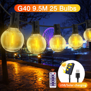 Solar String Lights G40 Shatterproof LED Solar String Light Outdoor Umbrella Lights with 20 Bulbs Patio Waterproof Lights