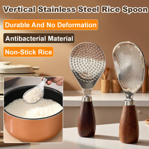 2025 new vertical rice spoon/household wooden handle stainless steel spoon/wooden handle non-stick rice spoon Stainless Steel Scoop Standing Kitchen Tools/Heat-Resistant Rice Paddle Spoon for Nonstick Cookware for Home