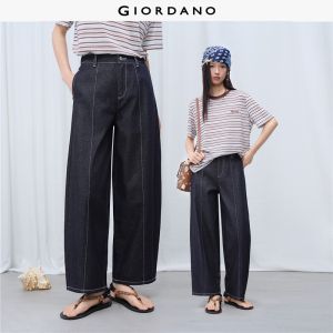 Giordano Women Topstitch half elastic waist barrel jeans Free Shipping 18426305