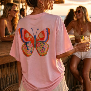 [Local Stock] HBESTY  Vibrant Colorful Butterfly Floral Pattern T-shirt Fit Crew Neck Short Sleeves Wings Print Casual Streetwear High Quality Cotton