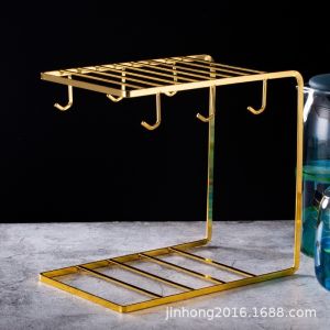 ที่แขวนแก้วสำหรับแก้วกาแฟมีหู ที่คว่ำแก้วสีทองสไตล์หรูหรา ที่คว่ำแก้วน้ำมีหู สำหรับแก้วหูหิ้ว 6 ใบ