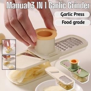 Mini Garlic Slicer Veggie Shredder3 in 1 Ginger Garlic Grater with Hand Guard Grinder Vegetable Mandoline Cutter with Container Kitchen Tool