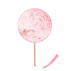 TANTUANG Long Handle Chinese Round Hand Fan Silk Material Embroidery Design Ancient Tassel Dance Fan Ancient Round Shape Wedding Party Fan Dance Performance