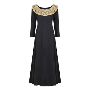 พร้อมส่ง! ชุดเดรสยาว เปิดไหล่ แขนกระดิ่ง ด้านหลังมีห่วงผูกริบบิ้น คอระบายลูกไม้สีน้ำตาล ผ้าโพลิเอสเตอร์ สีดำ ชุดออกงาน #9290