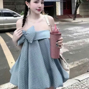 Set sweet girl dự tiệc set Korean look set công chúa xinh áo babydoll Quảng Châu chấm bi nơ to mix chân váy Bí bồng