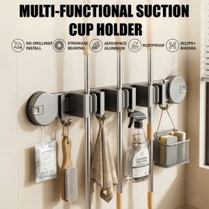 acuum Suction Cup Mop clip Holder with Hook Wall Kitchen Bathroom Mop Broom Brush Organizer Rack