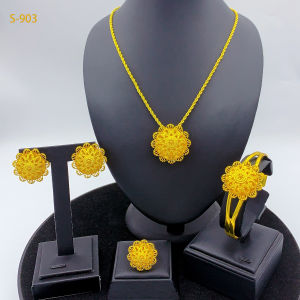 3d ชุดเครื่องประดับทองคำชุบ 3D ดอกไม้ สร้อยคอ สร้อยข้อมือ ต่างหู แหวน สี่ชิ้น