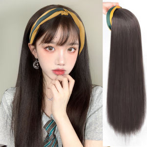 50CM Washable Wig for Women Human Hair True Hair Female Long Hair Band Wig Black Long Straight Hair Half Headgear Style Air Bangs Natural Full Head Cover
