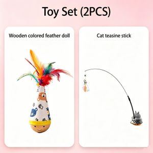 Tumbler Cat Toy Interactive Self-Happy Wooden Cat Tumbler Wobbler Cartoon Bite Resistant Feather Toy