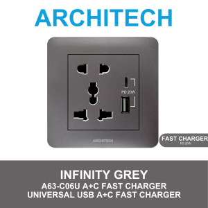 ARCHITECH A63-C06U A+CFAST CHARGING INFINITY Grey Stop Kontak - Universal A+CFAST