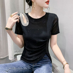 YIMEI Fashionable round neck short sleeved sparkling T-shirt for women with a sense of design niche hollowed out hot diamond womens T-shirt with a waistband and split temperament top