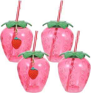 Adorable Strawberry Shaped Cups with Lids and Straws 4pcs 16oz Pink Tumbler Set for Milk Tea Juice Smoothies and Summer Party Drinks Portable and Reusable Plastic Cups with Strawberry Charm