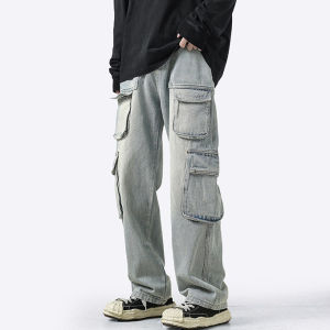 [PREIE SIMPLE]กางเกงยีนส์ผู้ชาย สีน้ำเงินทรงหลวม มีกระเป๋าหลายช่อง สไตล์เร ขาตรงกว้าง ใส่เท่ มีขนาด M-3XL