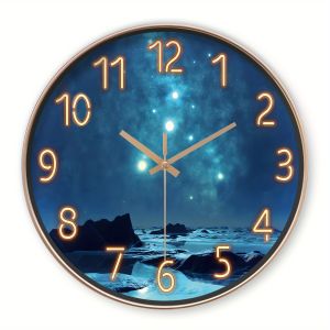 1pc Fantasy Blue Starry Sky & Mountain Sea Wall Clock Silent Japanese Quartz Round Plastic Clock with North Star Night Design Decorative Digital Display for Living Room Bedroom Office - Battery Operated (AA Not Included)
