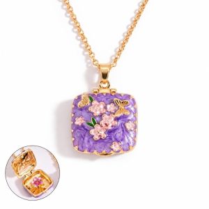COUPLECOL Floral Butterfly Square Locket Necklace Vintage Colorful Enamel Pendant Necklace Stackable Personalized Openable Box Chain Women
