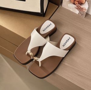 [Free Shipping] Stylish Wedge Toe-Loop Sandals for Outdoor Wear Fashionable 2026 Summer New Color-Block Square-Toe Beach Slip-On Sandals for Women