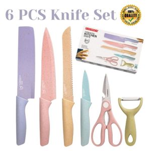TS 6PCS Kitchen Knife Set Colorful Stainless Steel Cleaver Scissor Kitchen Ceramic Peeler Tools
