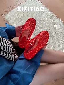 XIXITIAO Niche Fashion Fishnet Jelly Shoes European and American Hollow Mesh Flat Sandals Vacation Beach Clogs for Women ins