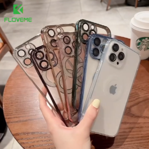 FLOVEME Luxury Diamond Lens Film Phone Case For iPhone 14 13 12 11 Pro Max iphone 14 13 12 11 Plating Frame Glitter Len Protection Shockproof Back Cover