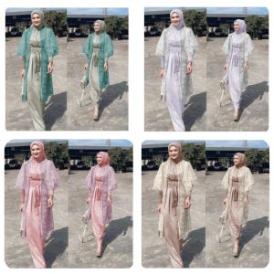 SETELAN DRESS LUCIA JUMBO L~2XL BRUKAT TILE VELVET KIMONO DRESS + OUTER TILE BORDIR SET PESTA NIKAHAN 6 WARNA