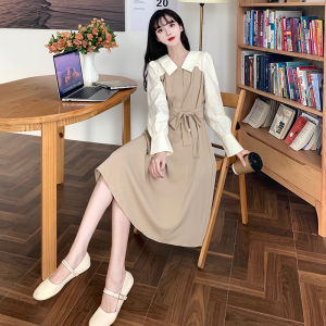 French Color Contrast Stitching Dress Female High Waist Shirt Collar Dress