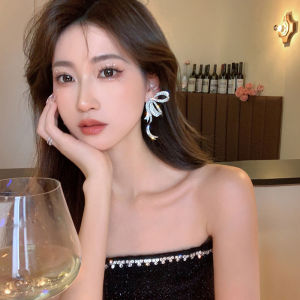 [haoh] ต่างหูระย้าประดับโบว์พลอยเทียมสุดหรูสำหรับผู้หญิงต่างหูพู่ยาวโบว์ริบบิ้นหรูหราหรูหรา1คู่สำหรับผู้หญิง